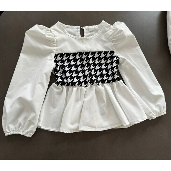 Girl's houndstooth print puff sleeves peplum top flare legs pants set size 4T - Picture 3 of 13